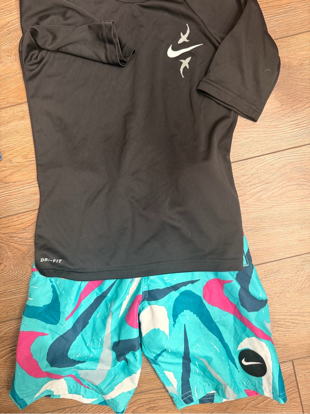 Nike Black Dri-FIT Rashguard with Turquoise and Pink Swim Shorts 0210